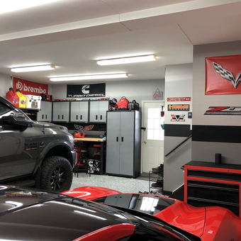 Organized Garage with Cabinets, Tool Chest, and Car Decor - John from Columbia, NJ