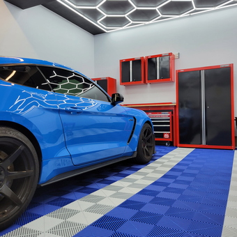 Modern Garage With Blue Floor Tiles and Red Cabinets - Dan from Mckees Rocks, PA