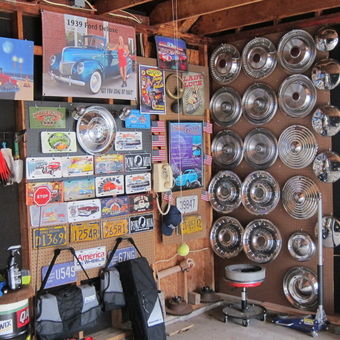 Vintage Hubcaps, License Plates, and Wall Art Display - Dale from Red Hill, PA