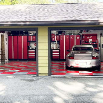 Red Garage Cabinets and Tile Flooring with Porsche - Dave from KEYSTONE HGTS, FL