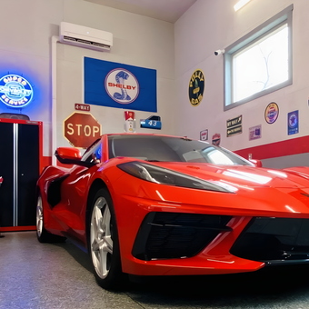 Red Corvette in Decorated Garage with Neon Signs - Brian from IN