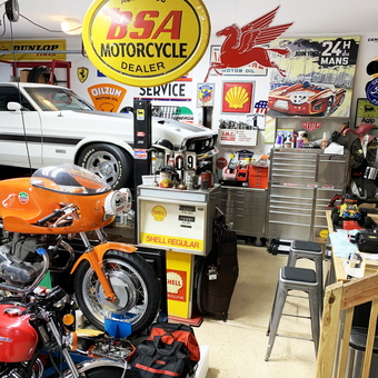 Classic Car Garage with Motorcycles and Signs - Christopher from Mountainside, NJ