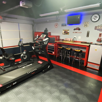 Garage Gym with Red Tool Cabinets and Bar Stools - Coastguy from El Segundo, CA