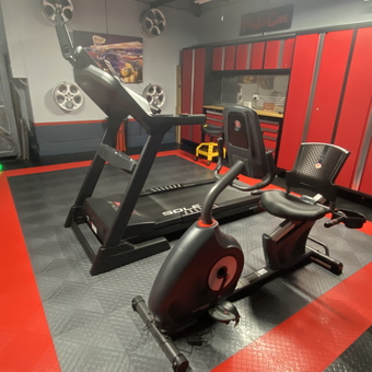 Red and Black Garage Gym with Cabinets - Coastguy from El Segundo, CA