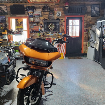 Custom motorcycle garage with wall decor and storage - Lou from Bethel, CT