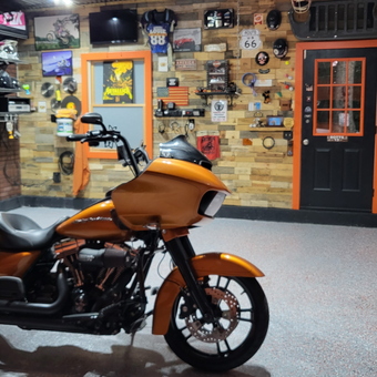 Custom motorcycle garage with wall decor and storage - Lou from Bethel, CT
