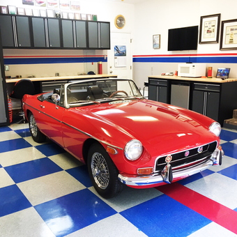 Red Convertible, Garage Cabinets, and Checkered Flooring - Hal from Concord, NC