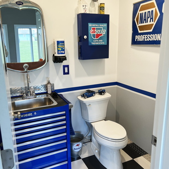 Garage-Themed Bathroom with Tool Chest Sink and Car Decor - Gary from Divernon, IL