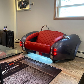 Classic Car Sofa and Automotive Decor in Garage - Kevin