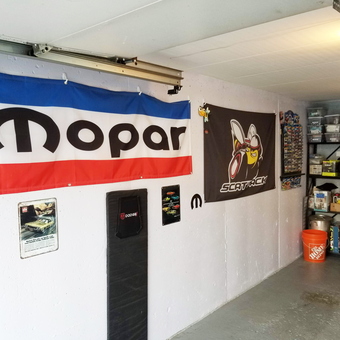 Mopar and Scat Pack Flags in Organized Garage - Frank from Philadelphia, PA