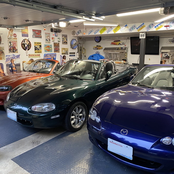 Three Mazda Miatas and Vintage Signs in Custom Garage - Dave from Union, WA