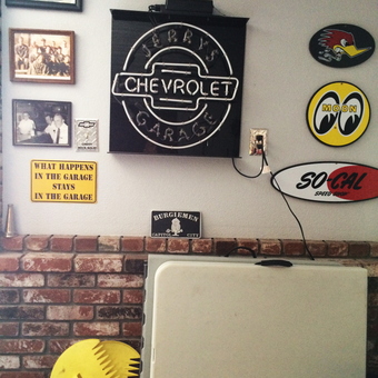 Garage Wall with Neon Chevy Sign and Car Decor - Jerry from Sacramento, CA