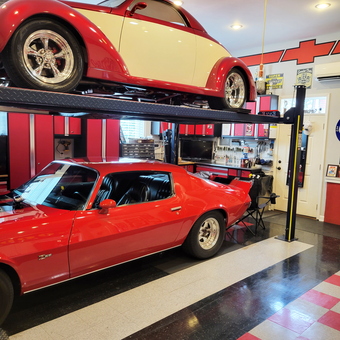 Custom Garage with Car Lift, Red Cabinets, and Classic Cars - Dave from Murrells Inlet, SC