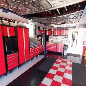 Red Garage Cabinets and Tool Storage with Car Lift - Dave from Murrells Inlet, SC