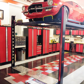 Red Garage Cabinets and Car Lift with Classic Car - Dave from Murrells Inlet, SC