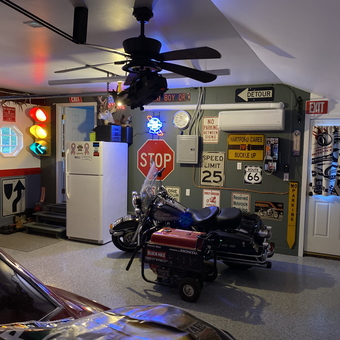 Garage with Traffic Signs, Motorcycle, and Decor - Brian from Newington, CT