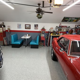 Retro Garage With Classic Car, Motorcycle, and Diner Booths - Brian from Newington, CT