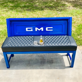 Blue GMC Tailgate Bench with Quilted Seat - Ginelle
