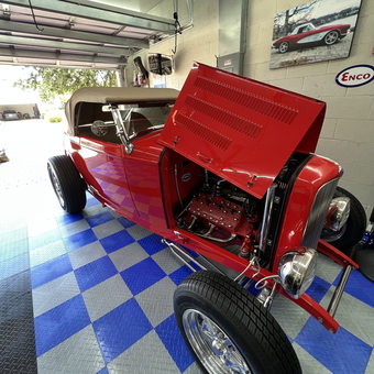 Classic Red Hot Rod in Custom Garage with Wall Art - Tom