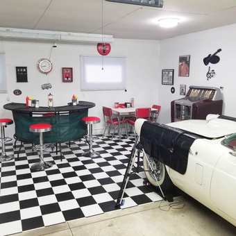 Retro diner themed garage with checkerboard floor - Fern from Fargo, ND