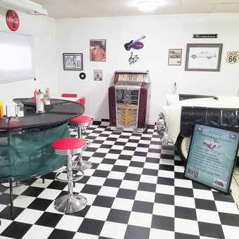 Retro Garage With Bar Stools, Jukebox, and Classic Car - Fern from Fargo, ND