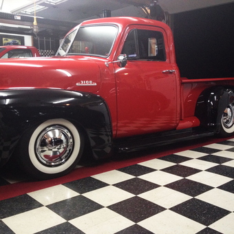Classic Red Truck in Checkerboard Floor Garage - Hooter from Findlay, OH