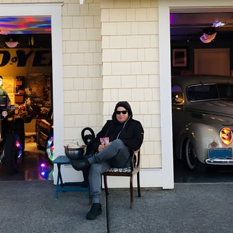 Classic Cars, Neon Signs, and Tool Cabinets in Garage - Gerry