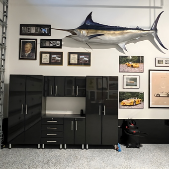 Glossy Black Garage Cabinets and Wall Art Display - Vince from Naples, FL