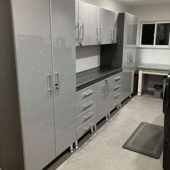 Modern gray garage cabinets and workbench setup - Mona from Rock Island, WA
