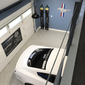 Modern garage with Mustang decor and white car - Spaz from Bensalem PA
