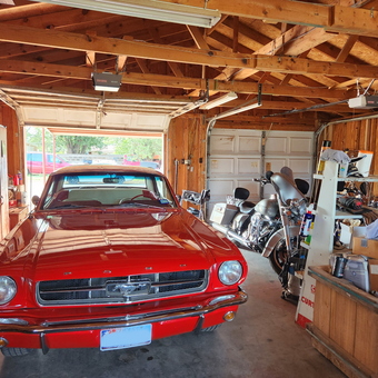 Classic Red Mustang and Motorcycles in Organized Garage - BUSTER from CHILDRESS, TX