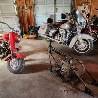 Motorcycles, Mini Bike, and Engine Frame in Garage - Mason from Temple, TX