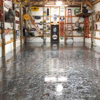 Epoxy Garage Floor with Vintage Signs and Storage - Shane from Louisville, KY