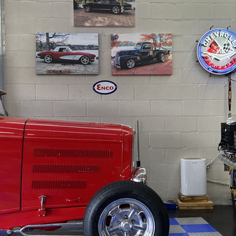 Classic Car Garage with Wall Art and Neon Sign - Tom