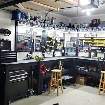 Organized garage with tool chests, pegboards, and stools - Bo from Lebanon, PA