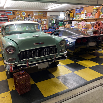 Classic Chevy Cars, Checkered Floor, and Garage Decor - Mr Jim from Selden, NY