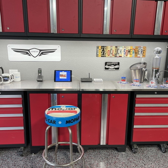 Red Garage Cabinets with Mopar Stool and Bar Decor - Ron from Fallbrook, CA