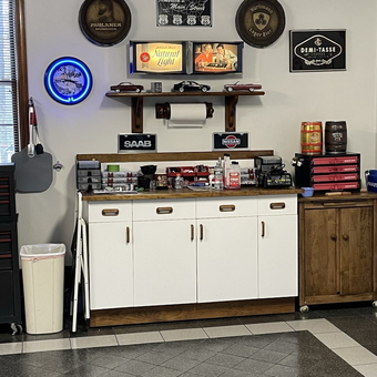 Garage Wall Decor with Cabinets and Neon Clock - Joanie