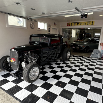 Classic Car Garage with Checkered Flooring and Decor - Greg from Boise, ID