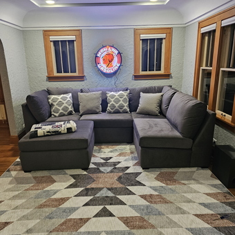 Mohawk Gasoline Neon Sign Above Sectional Sofa - Chad from North Prarie, WI