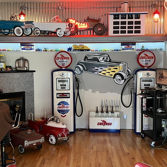 Vintage Chevron Gas Pumps and Pedal Cars Display - Rodney from Concord, CA