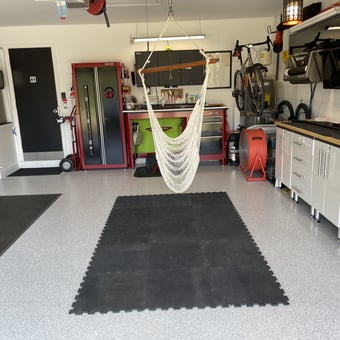 Organized Garage With Cabinets, Bike Rack, and Hammock - Glasco