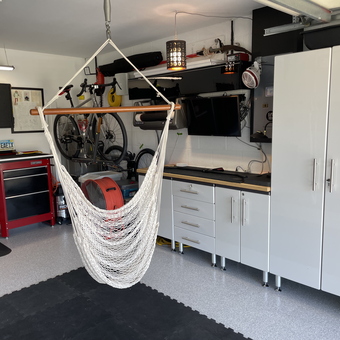 Modern Garage With Cabinets, Workbench, Bike Rack, and Hammock - Glasco
