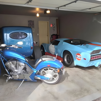 Blue Custom Motorcycle and Classic Cars in Garage - Brad from NORTHFIELD, MN