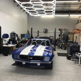 Classic Blue Camaro SS in Organized Garage Workspace - Kyle