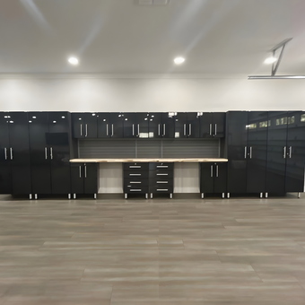 Modern black garage cabinets with wood worktop - Tom