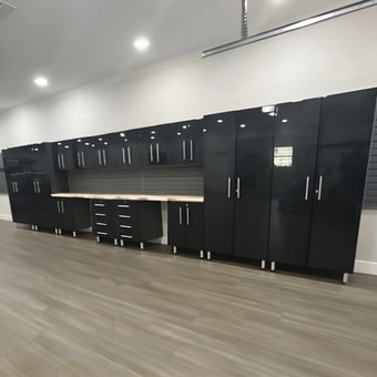 Glossy Black Garage Cabinets with Workbench and Slatwall - Tom