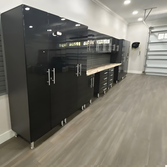 Modern Black Garage Cabinets and Workbench Setup - Tom