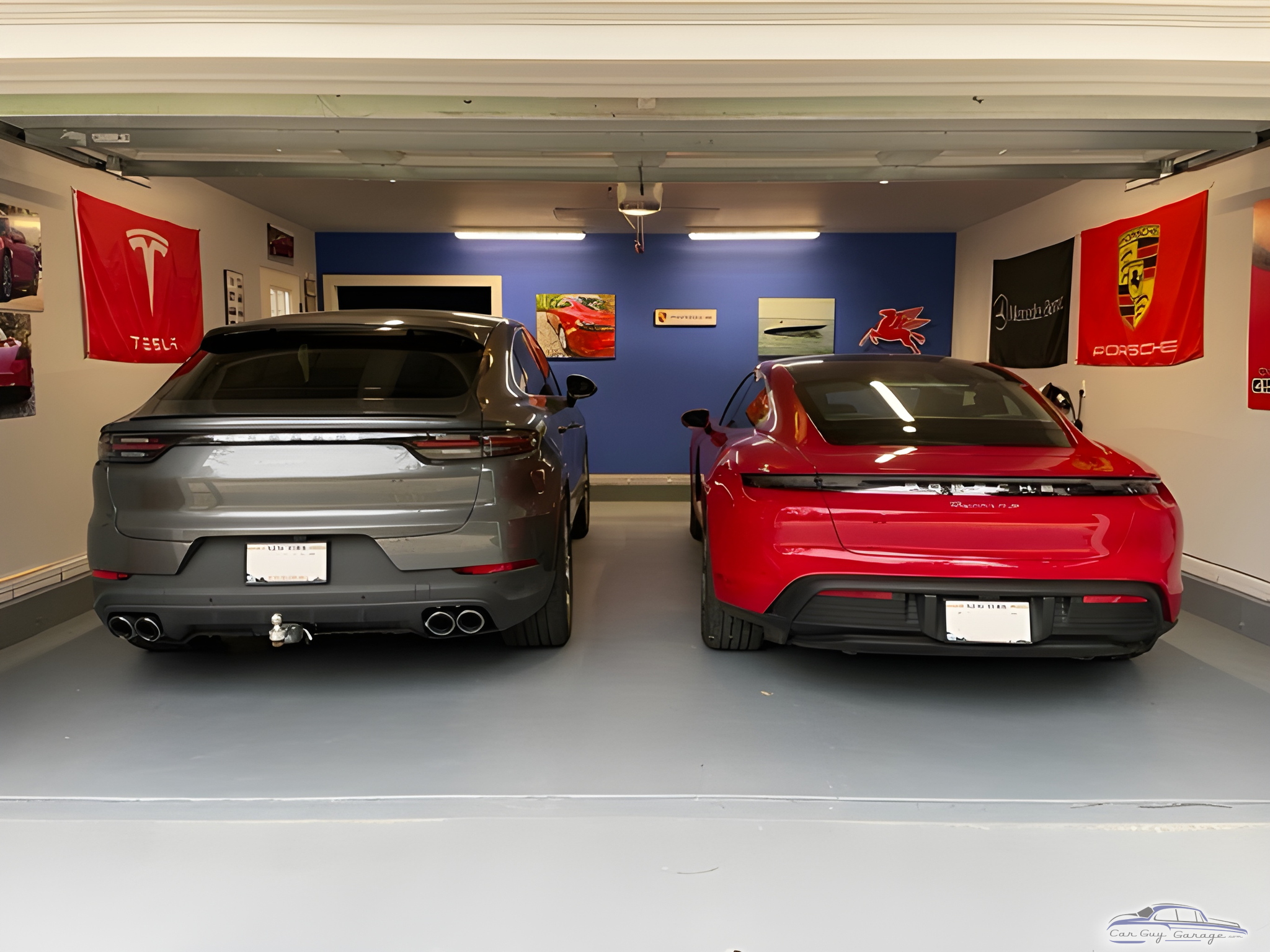 Organized garage with sports cars and wall banners - Vince from Peconic, NY
