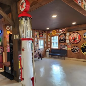 Vintage Gas Pump and Classic Garage Signs Display - Terry
